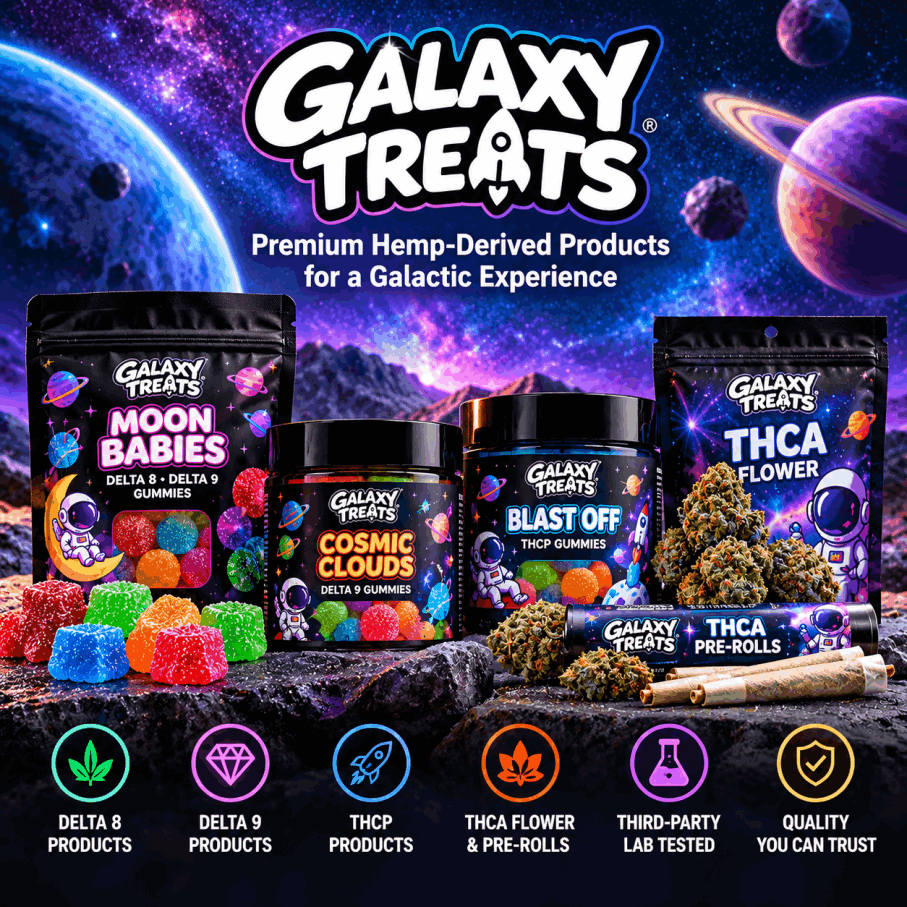 Galaxy Treats review featuring hemp-derived THC gummies, THCA flower, pre-rolls, product selection, pricing, quality, and customer buying considerations.