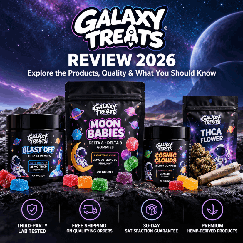 Galaxy Treats review featuring hemp-derived THC gummies, THCA flower, pre-rolls, product selection, lab testing, pricing, quality, and customer buying considerations.